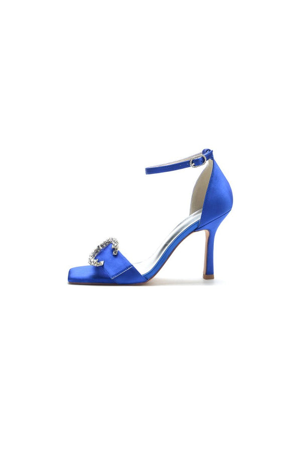 Square Open Toe Crystal Buckle Strap Chunky Heels - KissProm