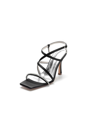 Square Open Toe Crystal Cross Straps Chunky Heels - KissProm