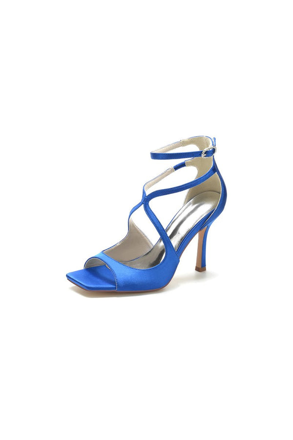 Square Open Toe Hollow Out Satin Stiletto Heels - KissProm