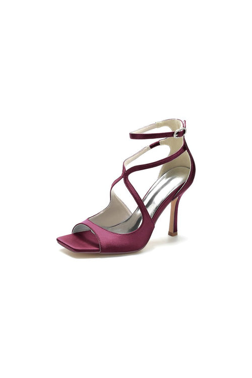 Square Open Toe Hollow Out Satin Stiletto Heels - KissProm