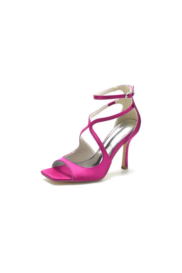 Square Open Toe Hollow Out Satin Stiletto Heels - KissProm