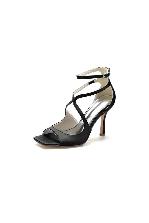 Square Open Toe Hollow Out Satin Stiletto Heels - KissProm