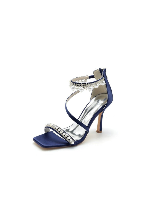 Square Open Toe Pearl Satin Stiletto Heels - KissProm