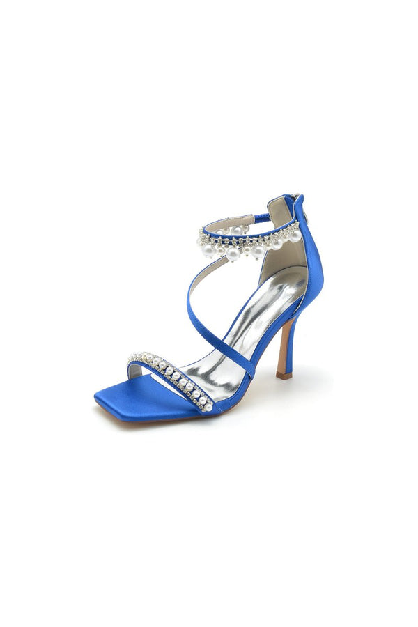 Square Open Toe Pearl Satin Stiletto Heels - KissProm