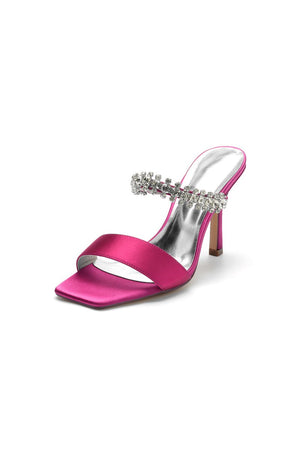 Square Open Toe Rhinestone Strappy Satin Stiletto Heels - KissProm