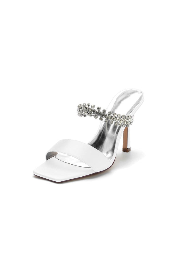 Square Open Toe Rhinestone Strappy Satin Stiletto Heels - KissProm