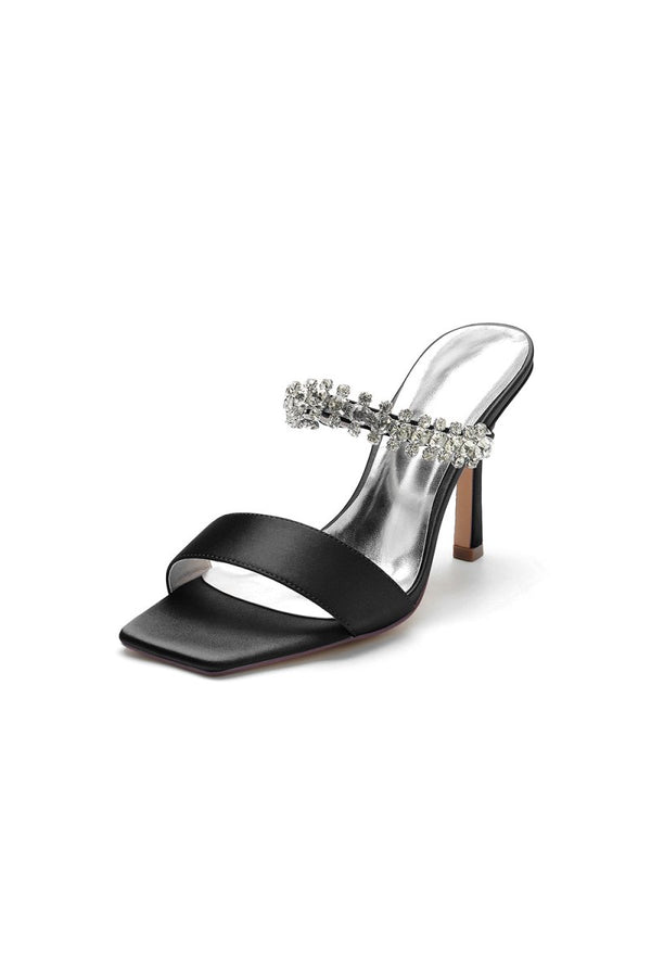 Square Open Toe Rhinestone Strappy Satin Stiletto Heels - KissProm