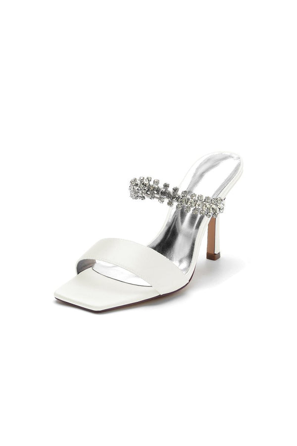 Square Open Toe Rhinestone Strappy Satin Stiletto Heels - KissProm