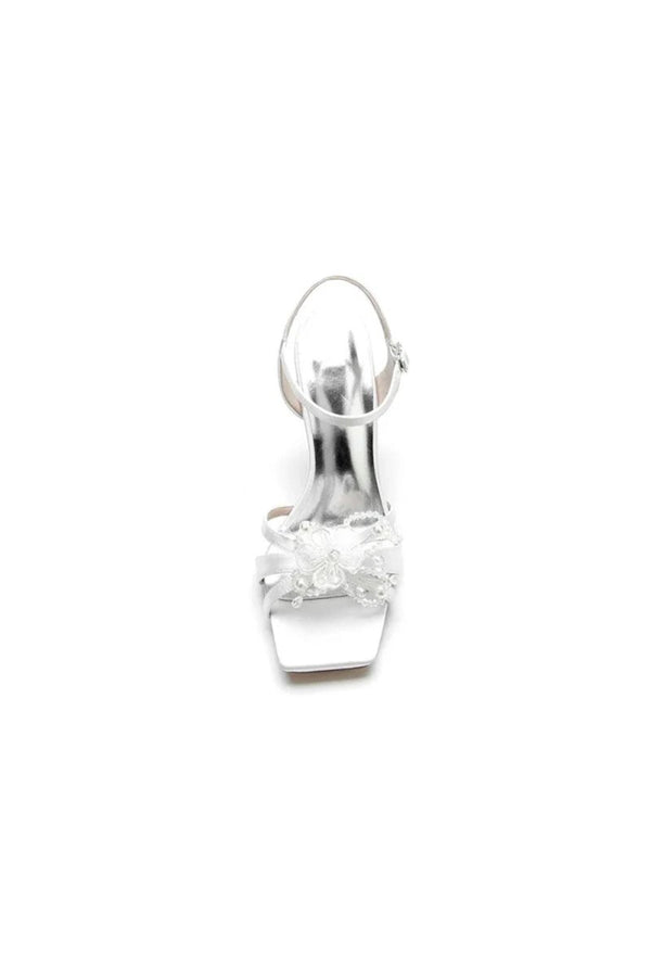Square Toe Floral Beaded Ankle Strap High Heels - KissProm
