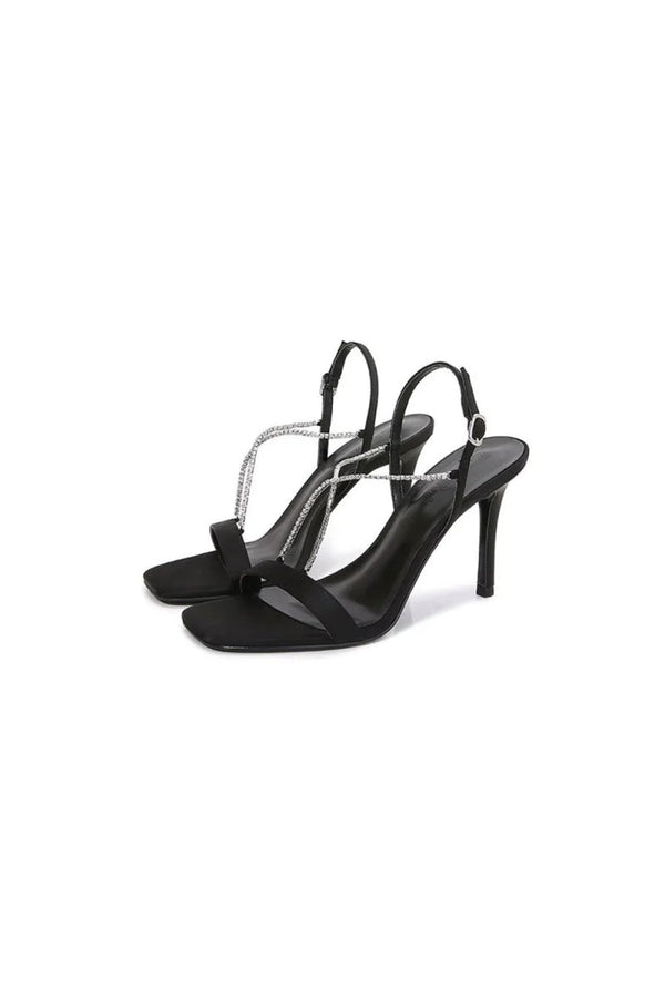 Square Toe Stiletto Black High Heels with Beading - KissProm