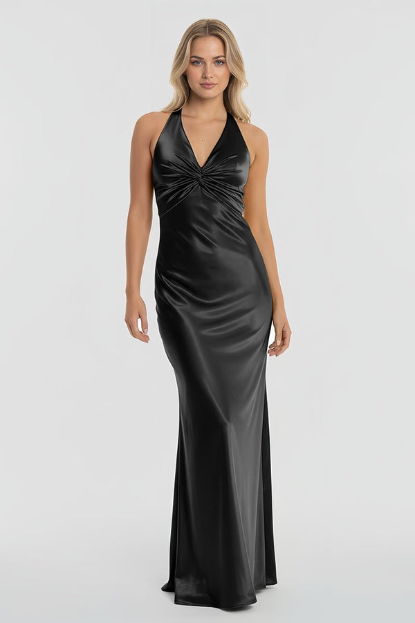 Turquoise - Halter V-Neck Pleated Satin Sleeveless Long Prom Party Dress – Prom Dresses by KissProm | Available at KissProm
