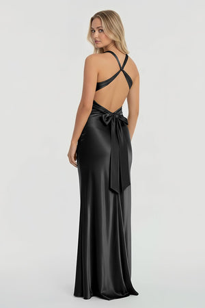 Turquoise - Halter V-Neck Pleated Satin Sleeveless Long Prom Party Dress – Prom Dresses by KissProm | Available at KissProm