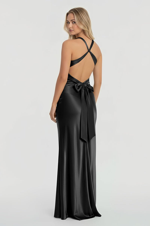 Turquoise - Halter V-Neck Pleated Satin Sleeveless Long Prom Party Dress – Prom Dresses by KissProm | Available at KissProm