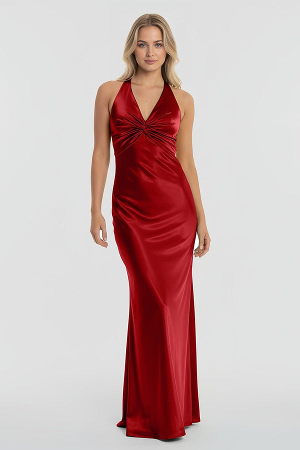 Turquoise - Halter V-Neck Pleated Satin Sleeveless Long Prom Party Dress – Prom Dresses by KissProm | Available at KissProm
