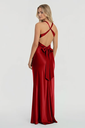 Turquoise - Halter V-Neck Pleated Satin Sleeveless Long Prom Party Dress – Prom Dresses by KissProm | Available at KissProm