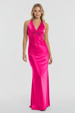 Turquoise - Halter V-Neck Pleated Satin Sleeveless Long Prom Party Dress – Prom Dresses by KissProm | Available at KissProm