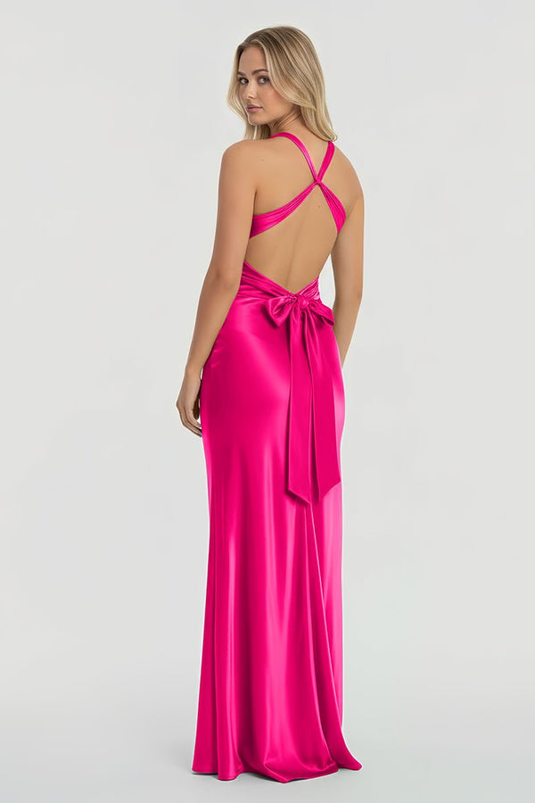 Turquoise - Halter V-Neck Pleated Satin Sleeveless Long Prom Party Dress – Prom Dresses by KissProm | Available at KissProm