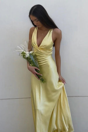 Turquoise - Halter V-Neck Pleated Satin Sleeveless Long Prom Party Dress – Prom Dresses by KissProm | Available at KissProm