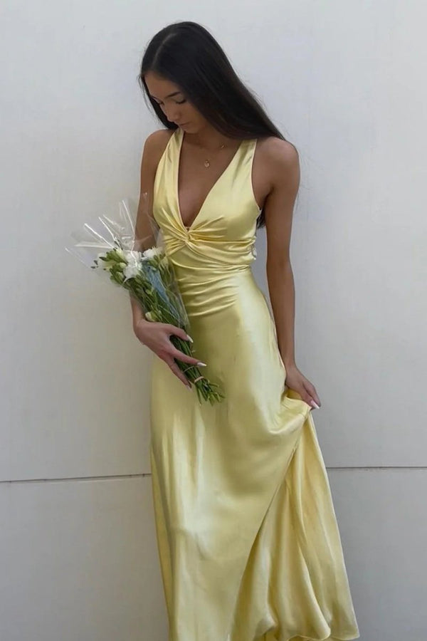 Turquoise - Halter V-Neck Pleated Satin Sleeveless Long Prom Party Dress – Prom Dresses by KissProm | Available at KissProm