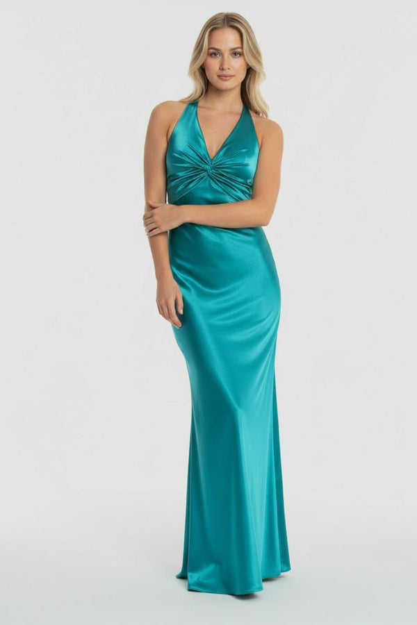 Turquoise - Halter V-Neck Pleated Satin Sleeveless Long Prom Party Dress – Prom Dresses by KissProm | Available at KissProm