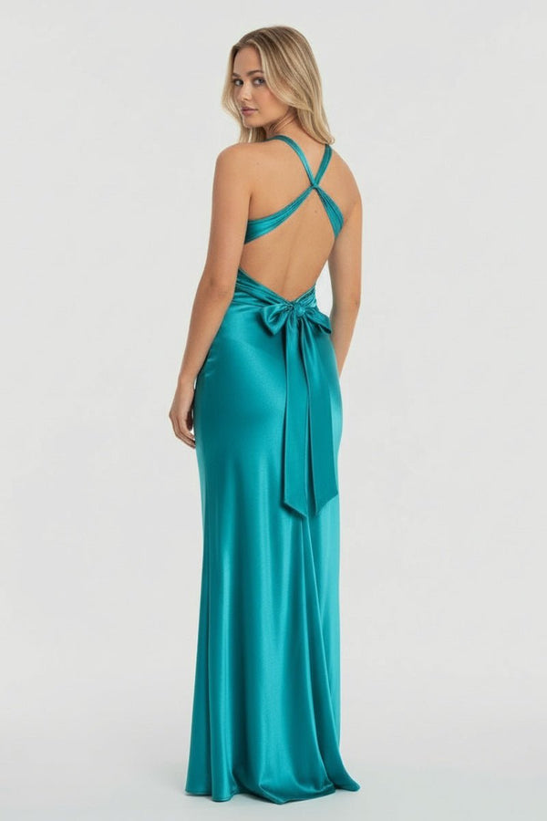 Turquoise - Halter V-Neck Pleated Satin Sleeveless Long Prom Party Dress – Prom Dresses by KissProm | Available at KissProm