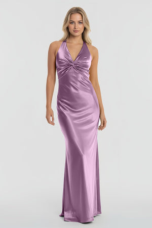 Turquoise - Halter V-Neck Pleated Satin Sleeveless Long Prom Party Dress – Prom Dresses by KissProm | Available at KissProm