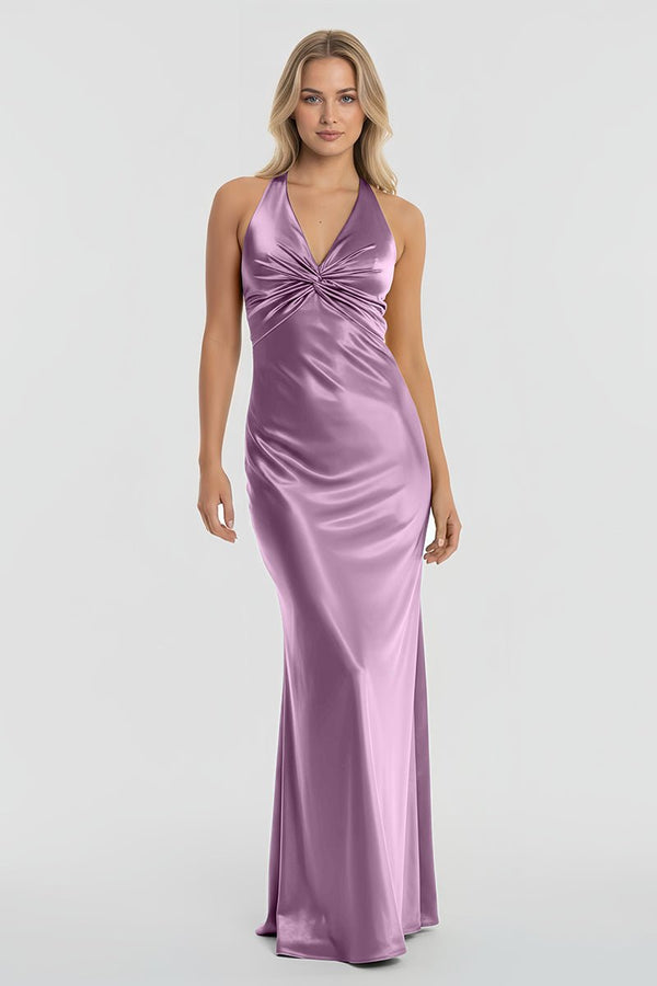 Turquoise - Halter V-Neck Pleated Satin Sleeveless Long Prom Party Dress – Prom Dresses by KissProm | Available at KissProm