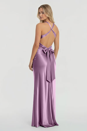 Turquoise - Halter V-Neck Pleated Satin Sleeveless Long Prom Party Dress – Prom Dresses by KissProm | Available at KissProm