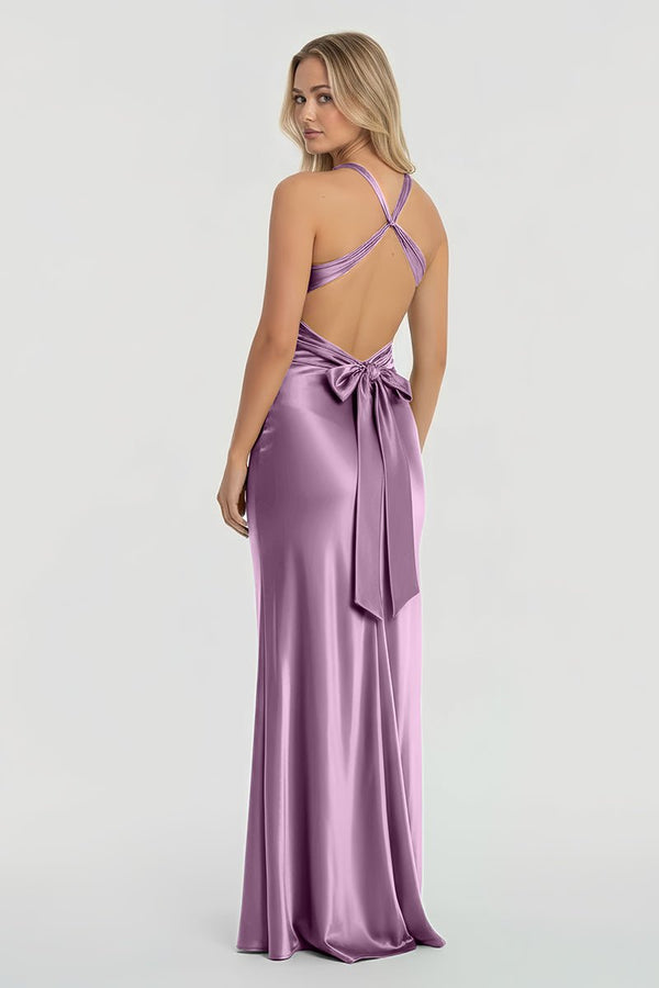Turquoise - Halter V-Neck Pleated Satin Sleeveless Long Prom Party Dress – Prom Dresses by KissProm | Available at KissProm