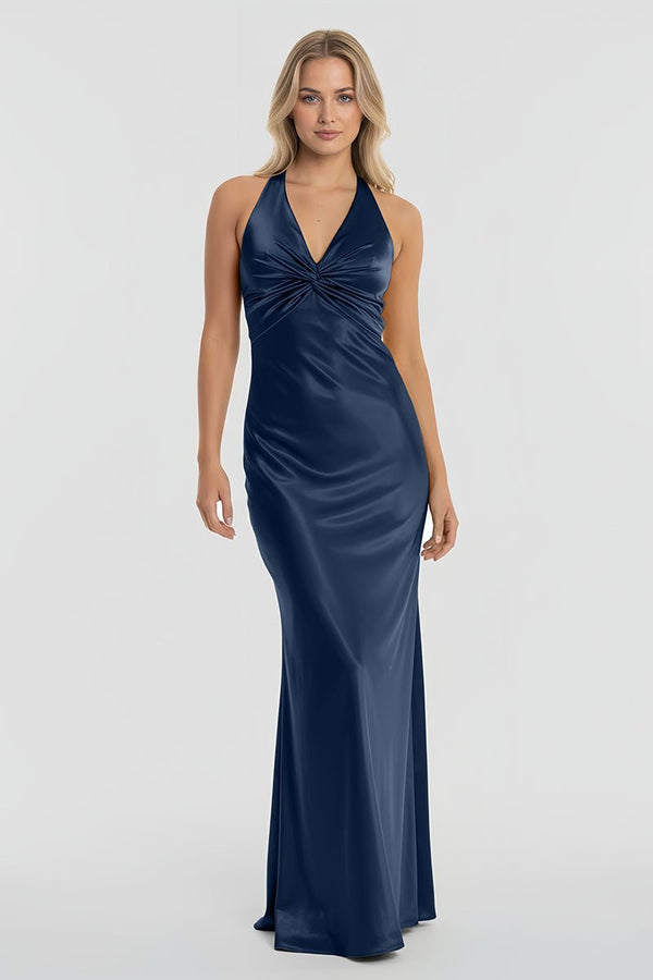 Turquoise - Halter V-Neck Pleated Satin Sleeveless Long Prom Party Dress – Prom Dresses by KissProm | Available at KissProm