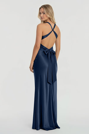 Turquoise - Halter V-Neck Pleated Satin Sleeveless Long Prom Party Dress – Prom Dresses by KissProm | Available at KissProm