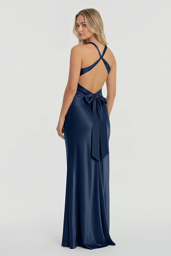 Turquoise - Halter V-Neck Pleated Satin Sleeveless Long Prom Party Dress – Prom Dresses by KissProm | Available at KissProm
