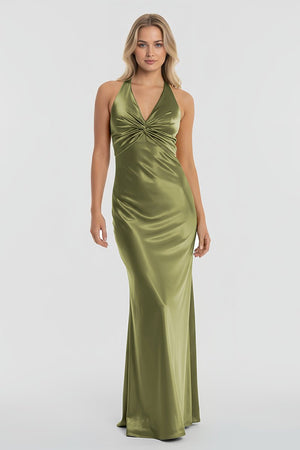 Turquoise - Halter V-Neck Pleated Satin Sleeveless Long Prom Party Dress – Prom Dresses by KissProm | Available at KissProm