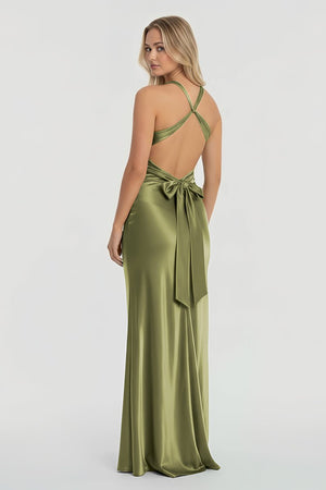 Turquoise - Halter V-Neck Pleated Satin Sleeveless Long Prom Party Dress – Prom Dresses by KissProm | Available at KissProm