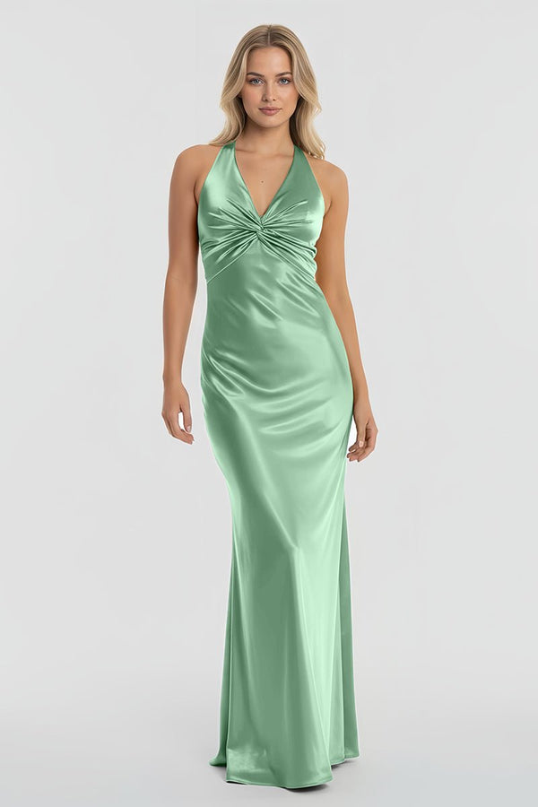 Turquoise - Halter V-Neck Pleated Satin Sleeveless Long Prom Party Dress – Prom Dresses by KissProm | Available at KissProm