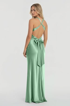 Turquoise - Halter V-Neck Pleated Satin Sleeveless Long Prom Party Dress – Prom Dresses by KissProm | Available at KissProm