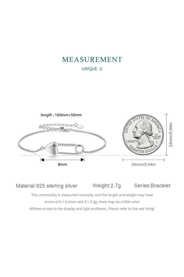 Sterling Silver Bracelet Chain with Heart Pin - KissProm