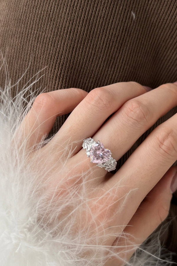 Sterling Silver Pink Heart Zircon Luxury Half Setting Ring - KissProm