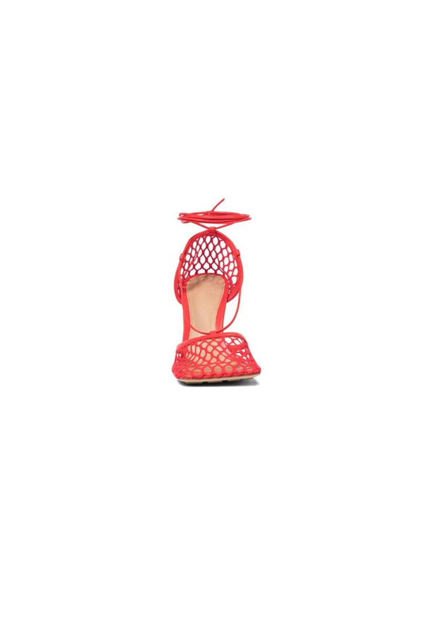 Yellow Stiletto Heel Lace Up Fishnet High Heel Sandals - KissProm