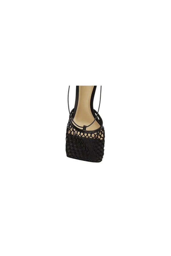 Yellow Stiletto Heel Lace Up Fishnet High Heel Sandals - KissProm