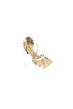 Yellow Stiletto Heel Lace Up Fishnet High Heel Sandals - KissProm
