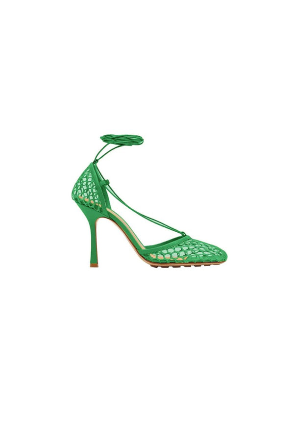 Yellow Stiletto Heel Lace Up Fishnet High Heel Sandals - KissProm