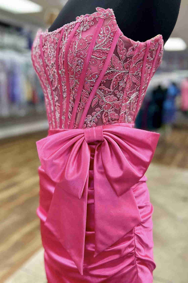 Strapless Appliques Ruched Homecoming Dress with Bow