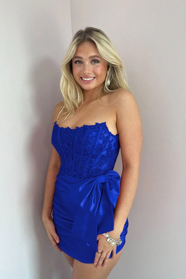 Strapless Appliques Ruched Homecoming Dress with Bow