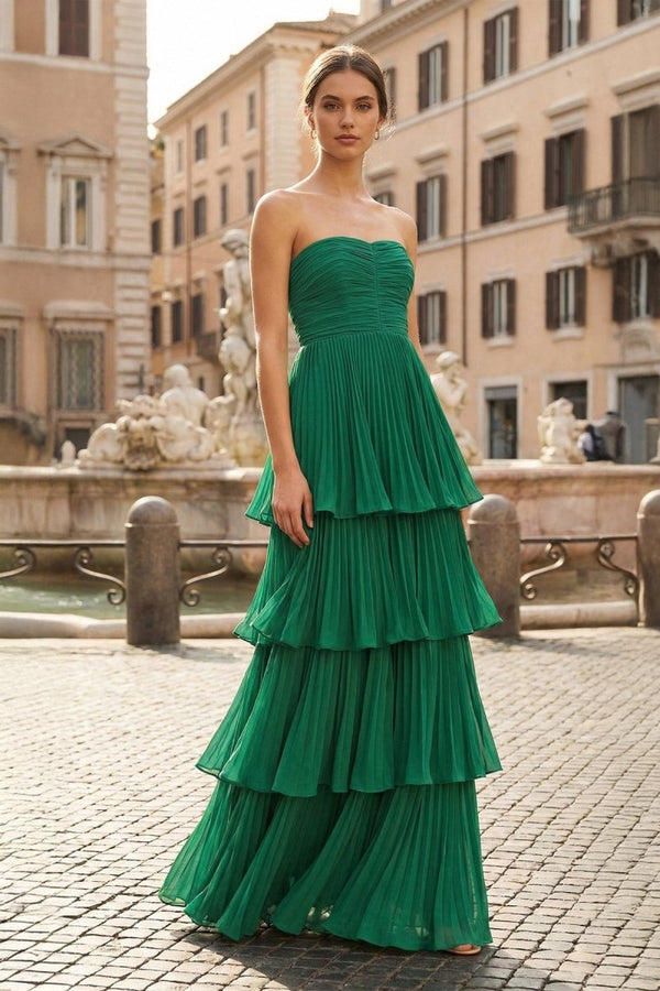 Strapless Emerald Green Ruffle Multi - Layer Long Prom Dress - KissProm