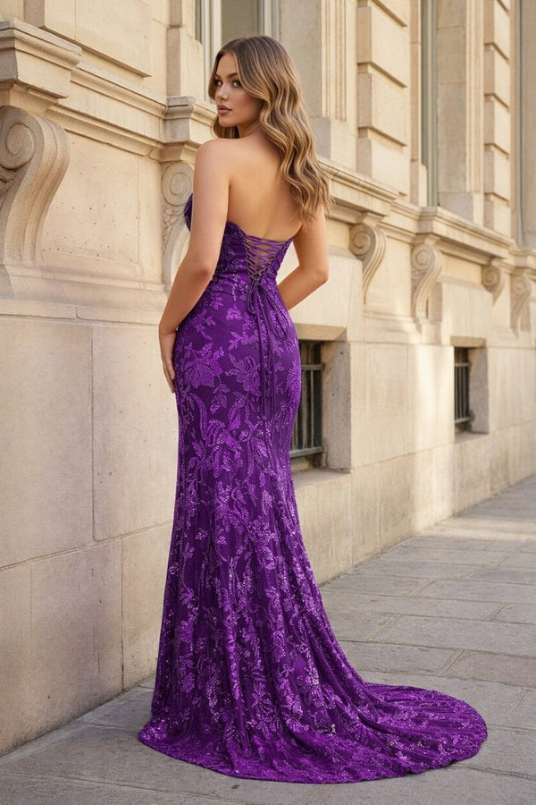 Fuchsia Strapless Sequins Lace Mermaid Prom Dresses with Slit - KissProm