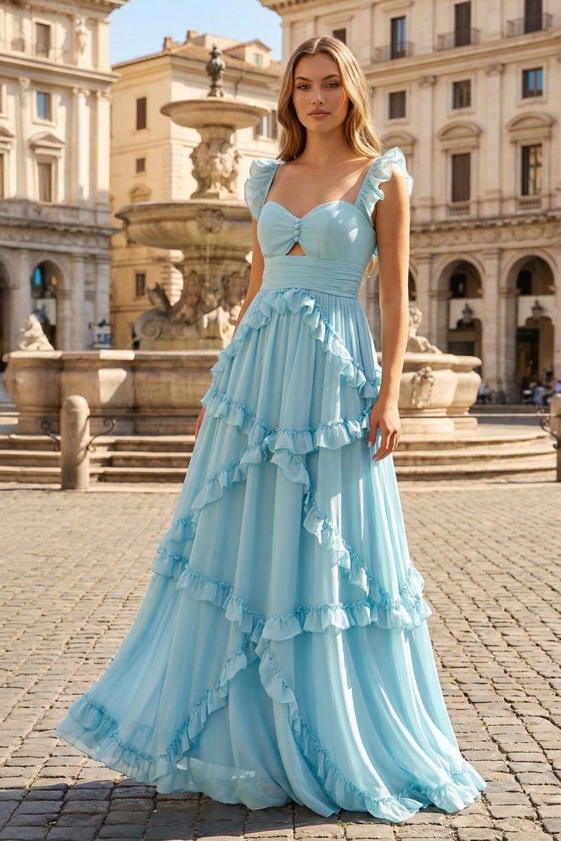A-Line Straps Sky Blue Chiffon Ruffles Long Prom Dress – Prom Dresses by KissProm | Available at KissProm