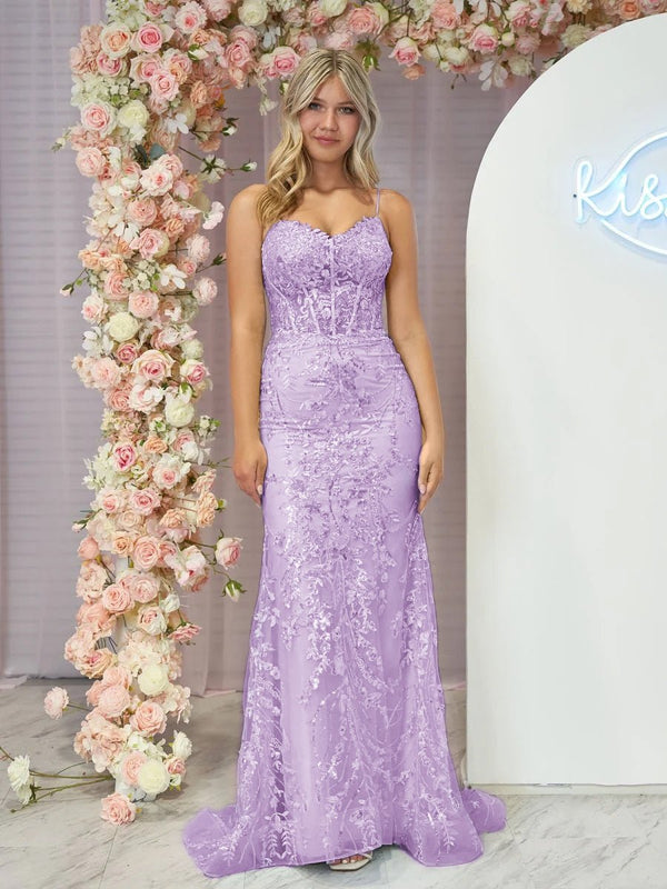 Margaret | Straps Light Blue V-Neck Sequin Appliques Mermaid Prom Dress