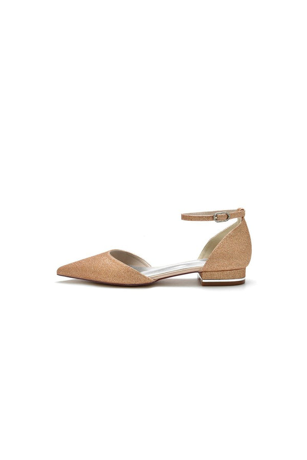 Stretch Glitter With Ankle Strap Pointed Toe Flat Heel Party Shoes - KissProm