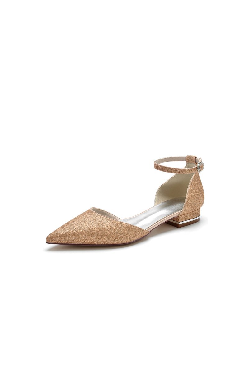 Stretch Glitter With Ankle Strap Pointed Toe Flat Heel Party Shoes - KissProm